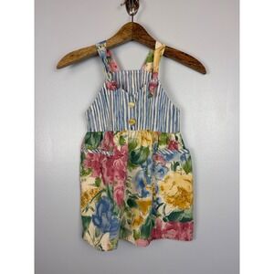 Cach Cach Girls Vintage Floral Striped Watercolor Jumper Dress Size 5 USA Denim